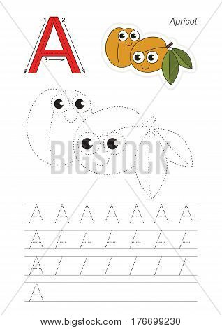 Vector illustrated worksheet. Learn handwriting. Gaming and education. Page to be traced. Easy educational kid game. Simple level. Complete eng alphabet. Tracing worksheet for letter A. Apricots.