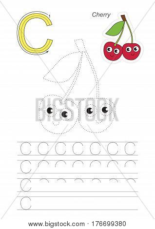 Vector illustrated worksheet. Learn handwriting. Gaming and education. Page to be traced. Easy educational kid game. Simple level. Complete eng alphabet. Tracing worksheet for letter C. Cherry.