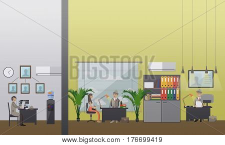 Vector illustration of private detectives working at office. Detective agency or office interior. Flat style design elements.