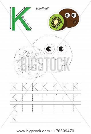 Vector illustrated worksheet. Learn handwriting. Gaming and education. Page to be traced. Easy educational kid game. Simple level. Complete eng alphabet. Tracing worksheet for letter K. Kiwi.