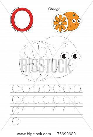 Vector illustrated worksheet. Learn handwriting. Gaming and education. Page to be traced. Easy educational kid game. Simple level. Complete eng alphabet. Tracing worksheet for letter O. Orange.