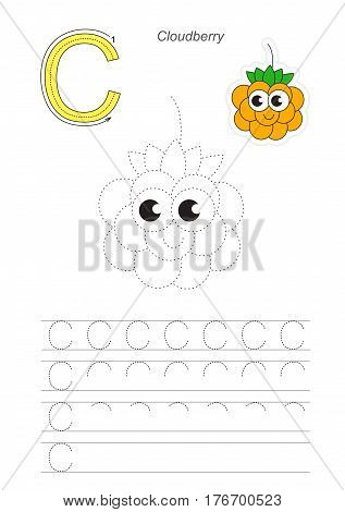 Vector illustrated worksheet to preschool children learn handwriting, the page to be traced for gaming and education with easy educational kid game level. Tracing worksheet for letter C, cloud berry.