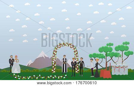 Vector illustration of bride and her father, groom and the best man, priest and guests. Wedding concept flat style design element.