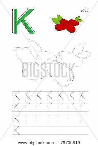 Vector illustrated page to preschool children learn handwriting. Page to be traced for gaming and education with easy educational kid game level. Tracing worksheet for letter K. The cornelia cherry.
