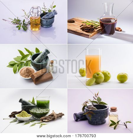 Collage of Indian Ayurvedic Tulsi, Neem, Amla or aavla, Tamarind or imli and chandan or sandalwood products and oils