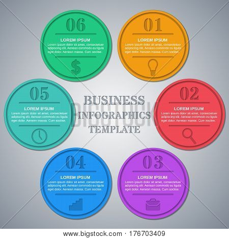 Infographic circle template. Business concept six options parts steps. Vector layout for text. Elements for brochures and web design with icons.