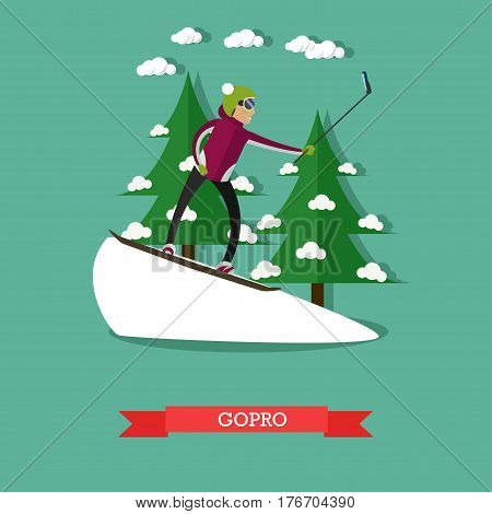 Vector illustration of snowboarder on track taking selfie with action gopro camera and gostick monopod. Flat style design.