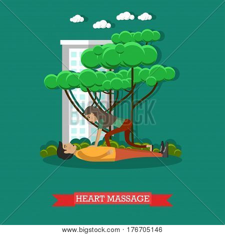 Vector illustration of woman applying first aid to lying on the ground man suffering from heart attack. Heart massage concept design element in flat style.