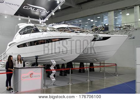 MOSCOW - MARCH 09 2017: Exhibition stand Galeon for 10 International boat show in Moscow. Russia.
