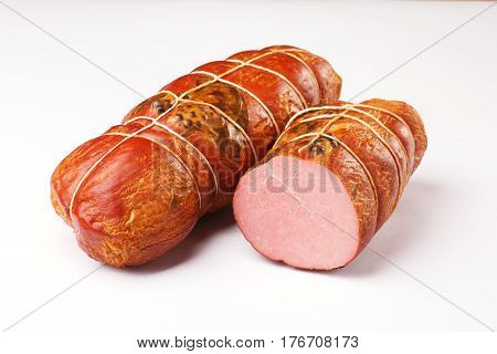 balyk on a white background. dried meat. beef, pork