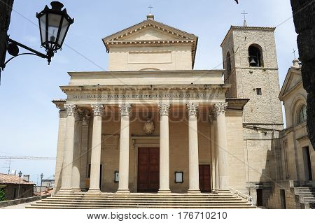 Borgo Meggiore, San Marino - 4 July 2014:  Basilica of saint Marinus on Borgo Maggiore at San Marino