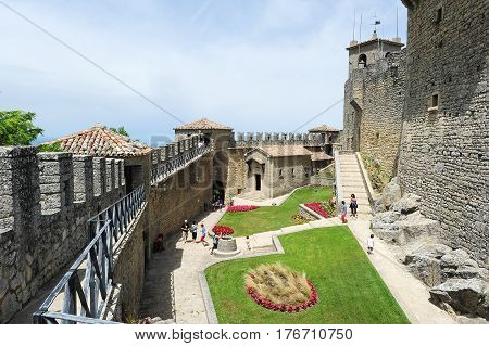 Tourists Visiting La Rocca Fortless On Borgo Maggiore, San Marino