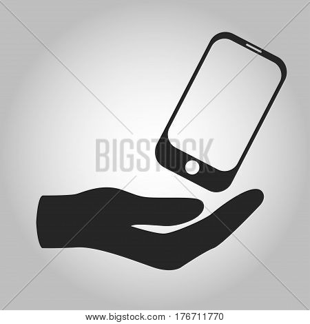 icon hand holding smartphone isolated on grey background