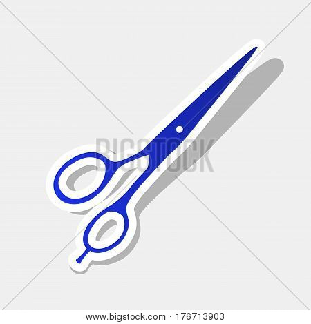 Hair cutting scissors sign. Vector. New year bluish icon with outside stroke and gray shadow on light gray background.