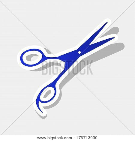 Hair cutting scissors sign. Vector. New year bluish icon with outside stroke and gray shadow on light gray background.