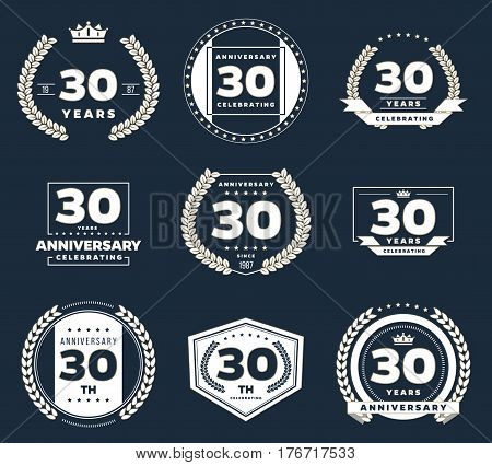 Thirty years anniversary logotypes and badges. 30th anniversary logo collection.