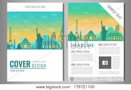 Travel brochure design with famous landmarks and world map. Template for Travel and Tourism Business concept. Vector illustration