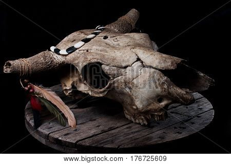 Cow skull decorated with feathers and such, laying on a grey wooden plate, with strong biker / rock n roll / native american vibes.