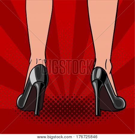 Beautiful female feet in high heels. Black shoes of a dancing woman. Pop art vector illustration on a red background.