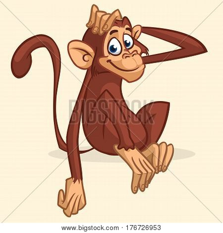 Cute cartoon monkey sitting. Vector illustration of chimpanzee skretching his head