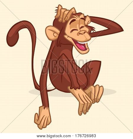 Cute cartoon monkey sitting. Vector illustration of chimpanzee skretching his head and smiling with eyes closed