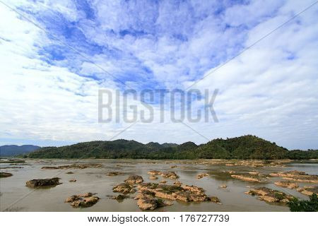 Water eroded rocks and islets in mekong river at sangkhom district Nong Khai province Thailand.