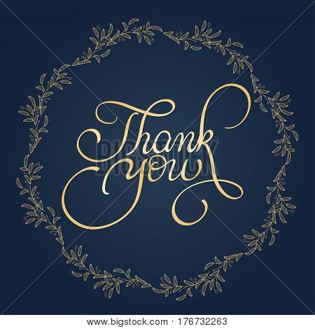 Thank you text with round frame on background. Calligraphy lettering Vector illustration EPS10.