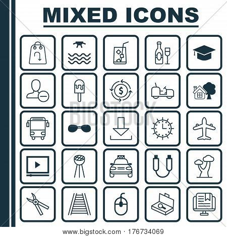 Set Of 25 Universal Editable Icons. Can Be Used For Web, Mobile And App Design. Includes Elements Such As Video Player, Suitcase Checking, Agrimotor And More.