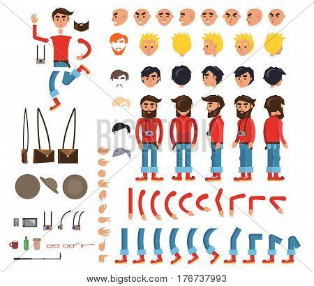 Photographer character flat collection on white. Vector illustration with signs of bended arms and legs, person with camera, emotions on faces, signals on fingers, brown hat and bag in various poses