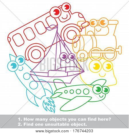 Funny toy transport mishmash set in vector outlined to be colored. Find all hidden objects on the picture. Easy educational kid game. Simple level of difficulty. Visual game for children.