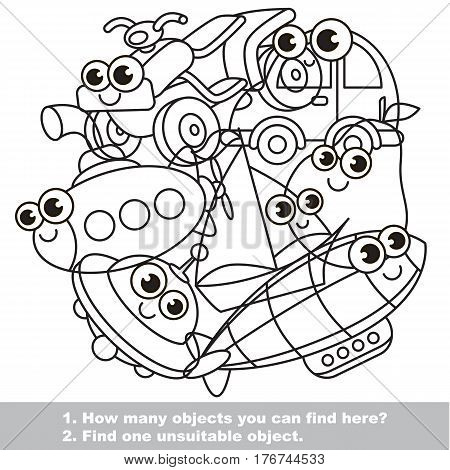 Cute toy machines mishmash set in vector outlined to be colored. Find all hidden objects on the picture. Easy educational kid game. Simple level of difficulty. Visual game for children.