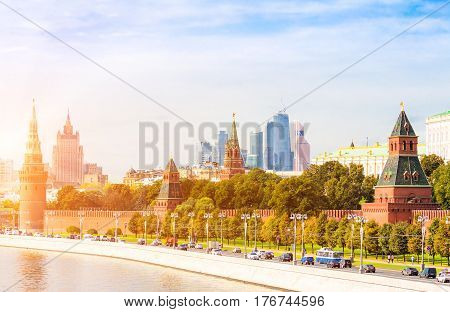 Traffic on the Kremlyovskaya embankment in Moscow with sunlight effect