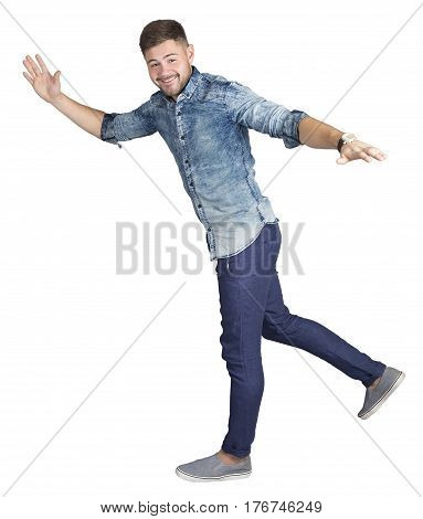 Younf man whiskered and bearded making plan flight kind gesture with hands opened