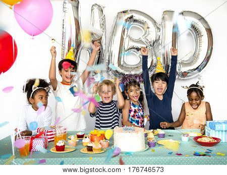Happiness group of cute and adorable children having birthday party