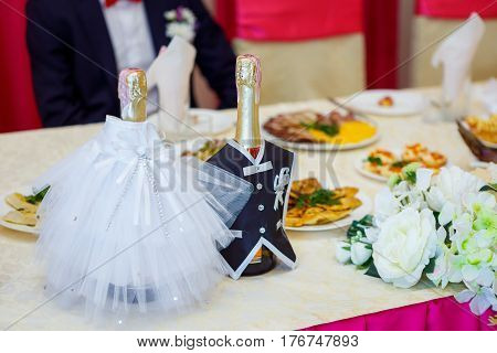 Gorgeous Bouquet Of Autumn Flowers Lie On The White Dinner Table