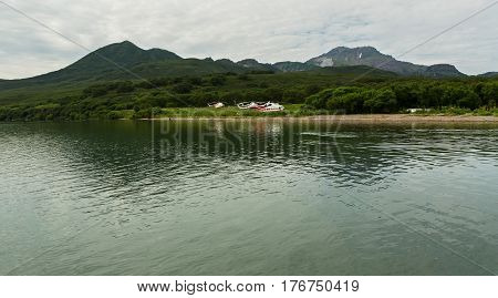 Kamchatka Peninsula, Russia - August 13, 2016: Helipad on the source of river Ozernaya on Kurile lake. South Kamchatka Nature Park.