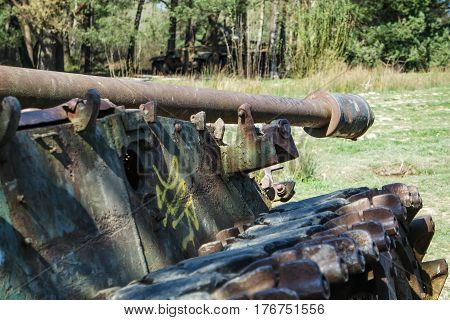 Battle tank in the moor of a forest