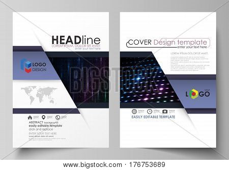 Business templates for brochure, magazine, flyer, booklet or annual report. Cover design template, easy editable vector, abstract flat layout in A4 size. Abstract colorful neon dots, dotted technology background. Glowing particles, led light pattern, futu