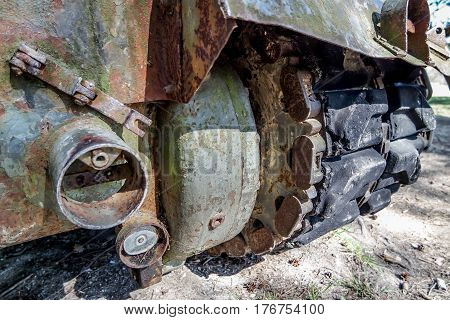 Battle tank in the moor of a forest