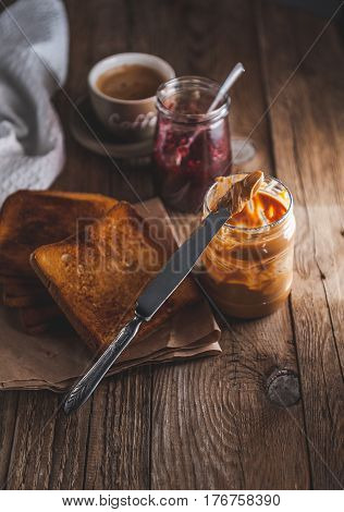 Peanut Butter With Jam And Rustic Dough. Peanut Butter And Jelly