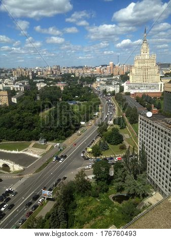 MOSCOW, RUSSIA. 31 October 2013: Top view of the center of the Russian capital - Moscow city. Photos from the bird's eye view of the center of Moscow and high-rise building in Sadovo-Kudrinskaya square.