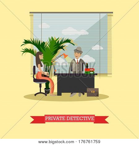 Vector illustration of detective working at office with his client young lady. Detective agency interior. Private detective flat style design element.