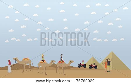 Vector illustration of egyptian pyramids and tourists young people taking selfie with mobile and selfie stick monopod, riding camels and quad bikes. Trip to Egypt concept flat style design element.