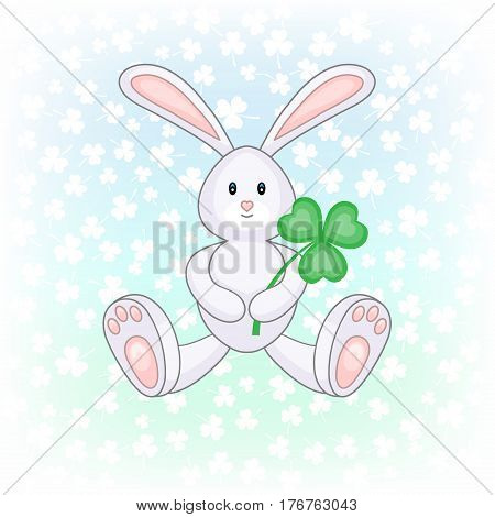Bunny holding clover leaf. Vector cartoon illustration