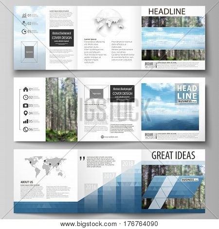 Set of business templates for tri fold square design brochures. Leaflet cover, abstract flat layout, easy editable vector. Colorful background made of triangular or hexagonal texture for travel business, natural landscape in polygonal style.