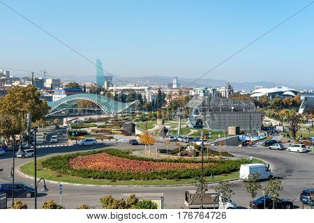 TBILISI, GEORGIA, NOVEMBER, 08: city centre from above, the beautiful urban area in the broad daylight on nowember, 05, 2016 in Georgia