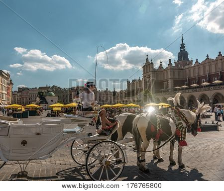 POLAND, KRAKOW- JULY 02: Carriage with beautiful horses near a lovely ancient square, gothic building on the background in Krakow Poland on July 02, 2015