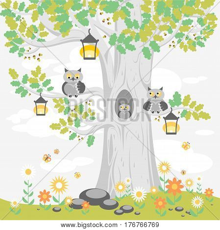 A family of owls on a tree in summer, cute cartoon characters. Illustration for posters, banners, cards, and other design projects for children