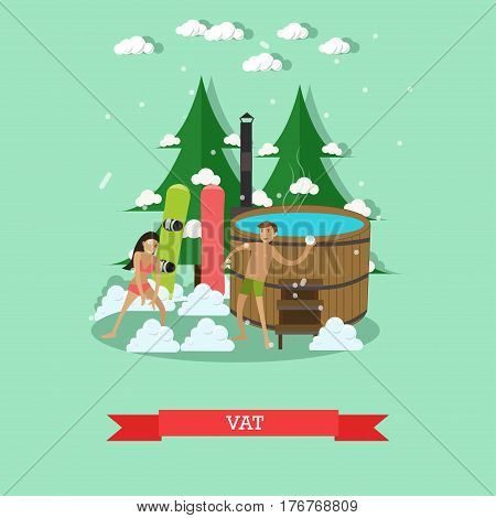 Vector illustration of wooden barrel vat with hot water, young couple snowboarders in swimsuits playing snowballs. Outdoors winter fun design element in flat style.