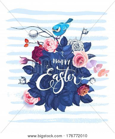 Happy Easter hand written text against bush of rose flowers, blue bird sitting on top of it and horizontal paint traces on background. Vector illustration for party invitation, greeting card, flyer.